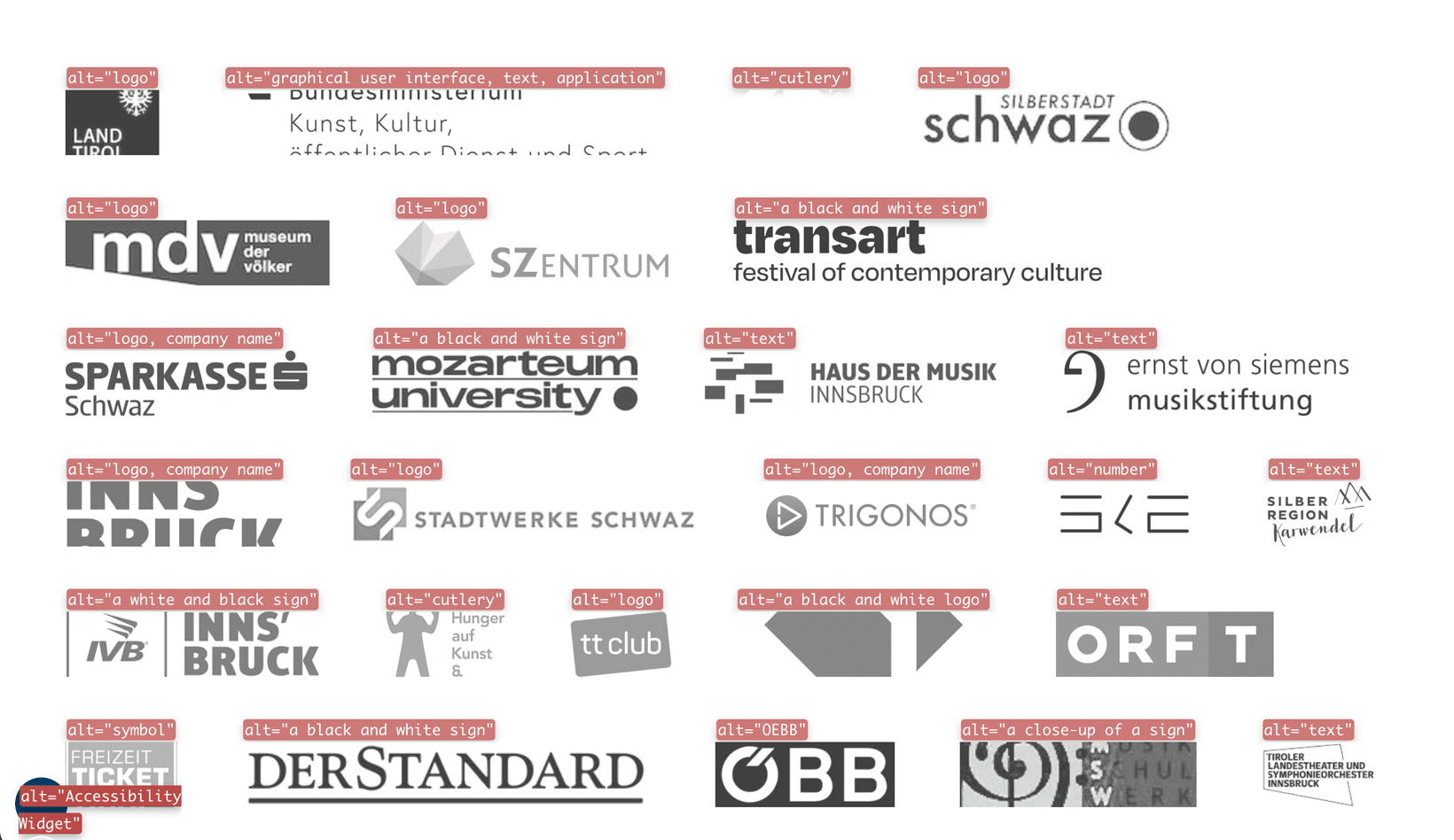Different company logos and their alternative texts are displayed on a website. The descriptions do not match or describe the logo. Some examples of the displayed logo descriptions are: "logo", "text", "cutlery", "logo, company name", "number", "a close-up of a sign", "a white and black sign", "symbol", and "graphical user interface, text, application".